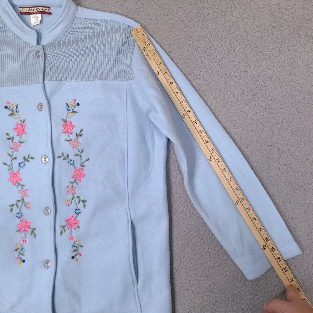 Tudor Court Haband Womens Fleece Cardigan Large Blue‎ Floral Embroidered Button - Picture 7 of 13